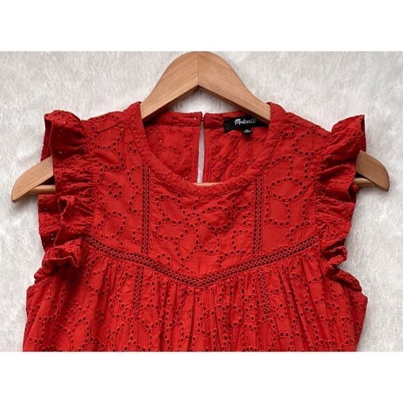 Madewell Eyelet Ruffle-Sleeve Mini Dress in Fresh Chili, Size XS - Picture 10 of 16